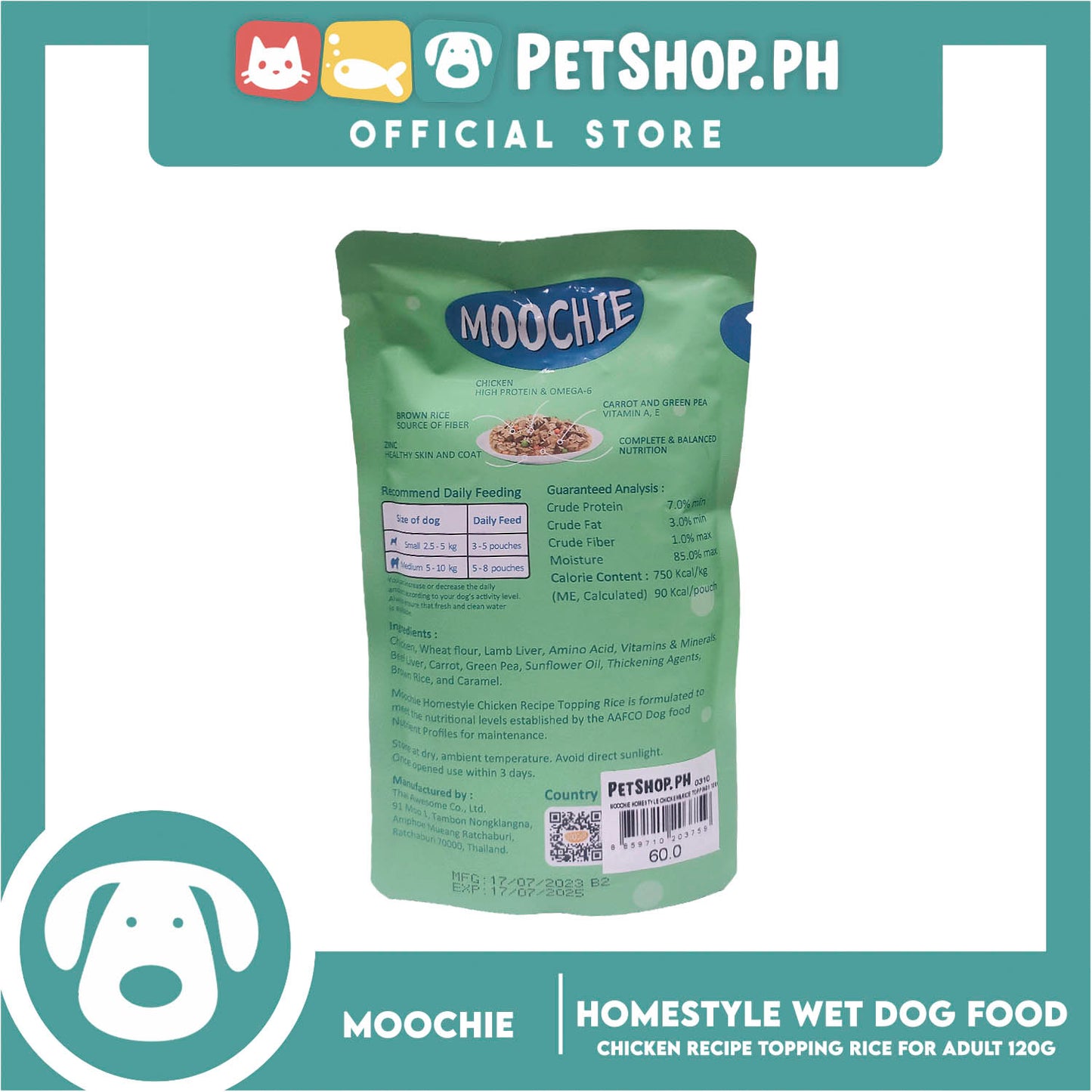 Moochie Homestyle Chicken recipe Topping Rice Adult Dog Wet Food 120g