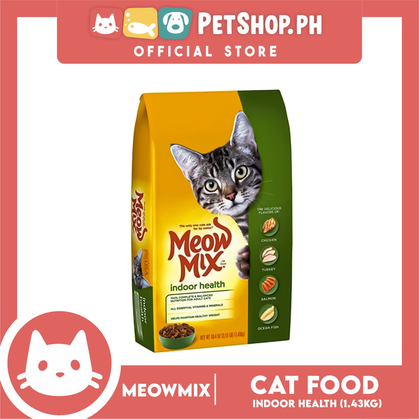 Meow Mix Indoor Health Adult Cat Dry Food 1.43kg Chicken, Turkey, Salmon, Ocean Fish