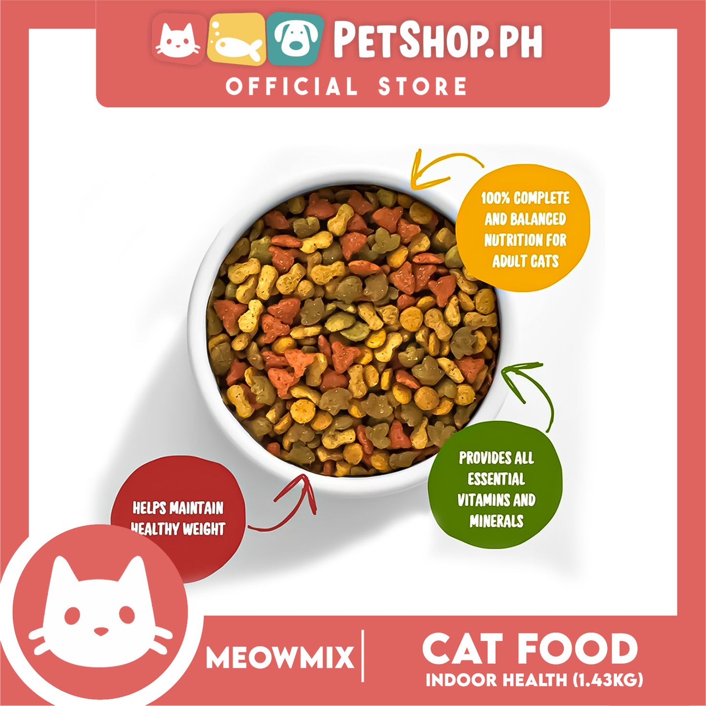 Meow Mix Indoor Health Adult Cat Dry Food 1.43kg Chicken, Turkey, Salmon, Ocean Fish
