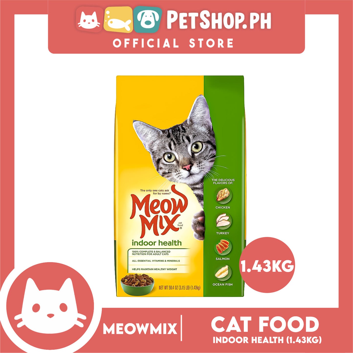 Meow Mix Indoor Health Adult Cat Dry Food 1.43kg Chicken, Turkey, Salmon, Ocean Fish