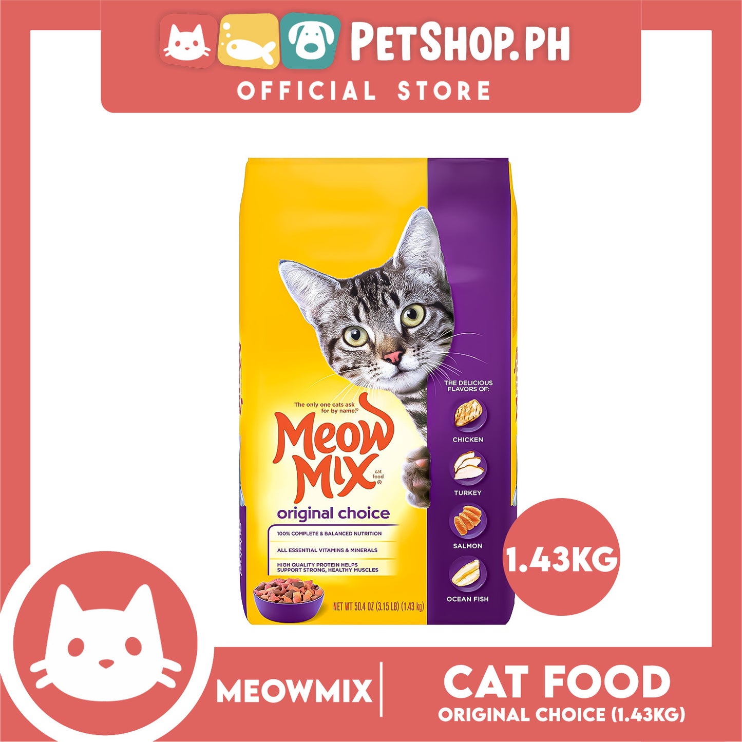 Meow Mix Original Choice Adult Cat Dry Food 1.43kg Chicken, Turkey, Salmon, Ocean Fish