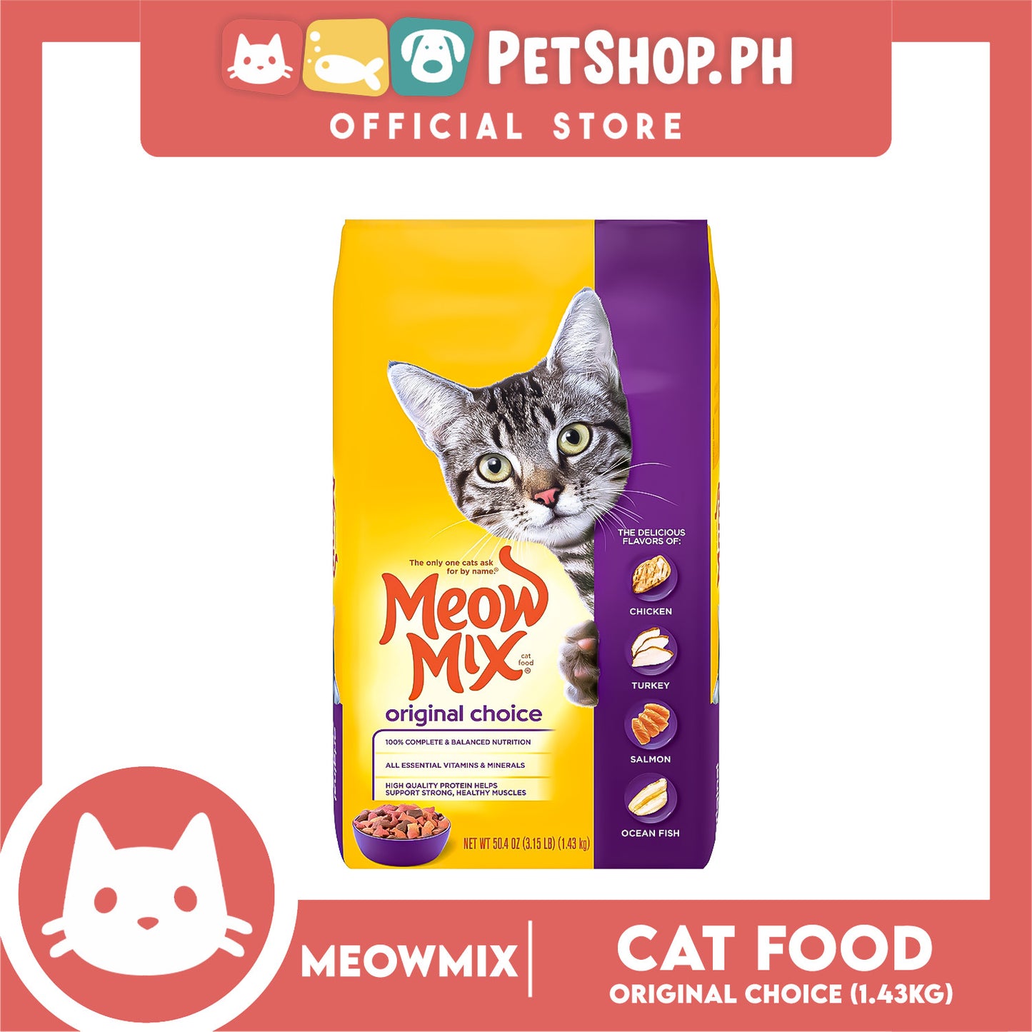 Meow Mix Original Choice Adult Cat Dry Food 1.43kg Chicken, Turkey, Salmon, Ocean Fish