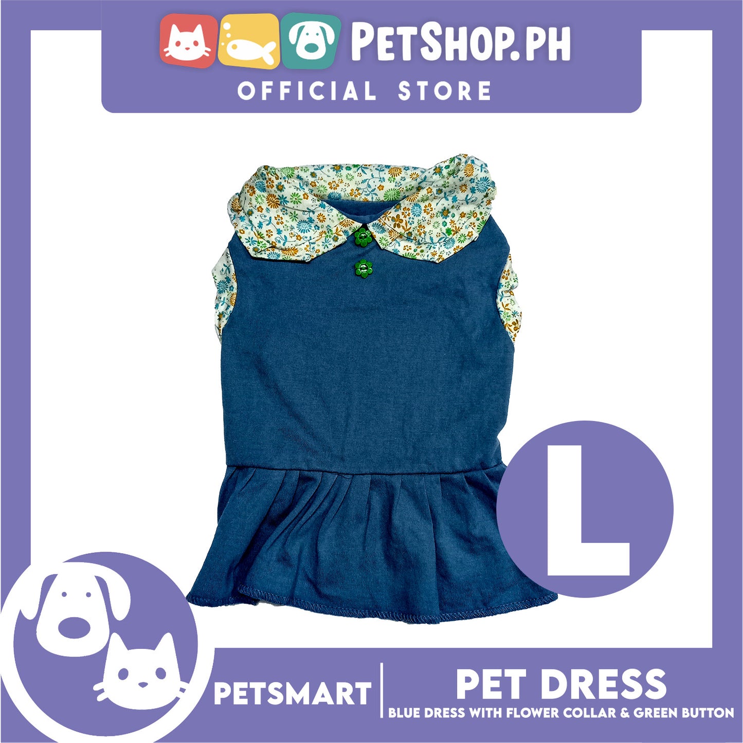 Pet Dress Blue with Flower Collar and Green Button Design DG-CTN185L (Large)