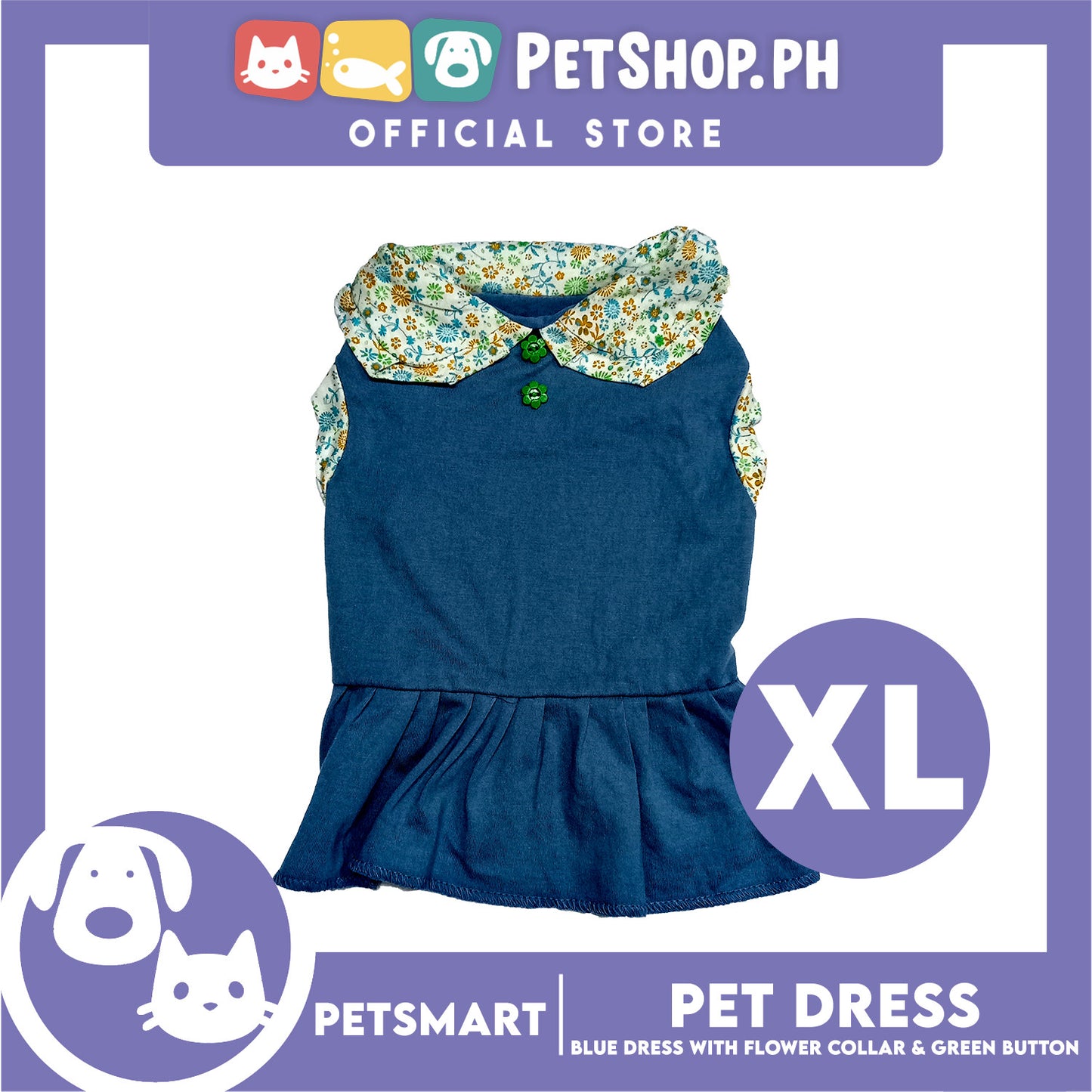 Pet Dress Blue with Flower Collar and Green Button Design DG-CTN185XL (XL)