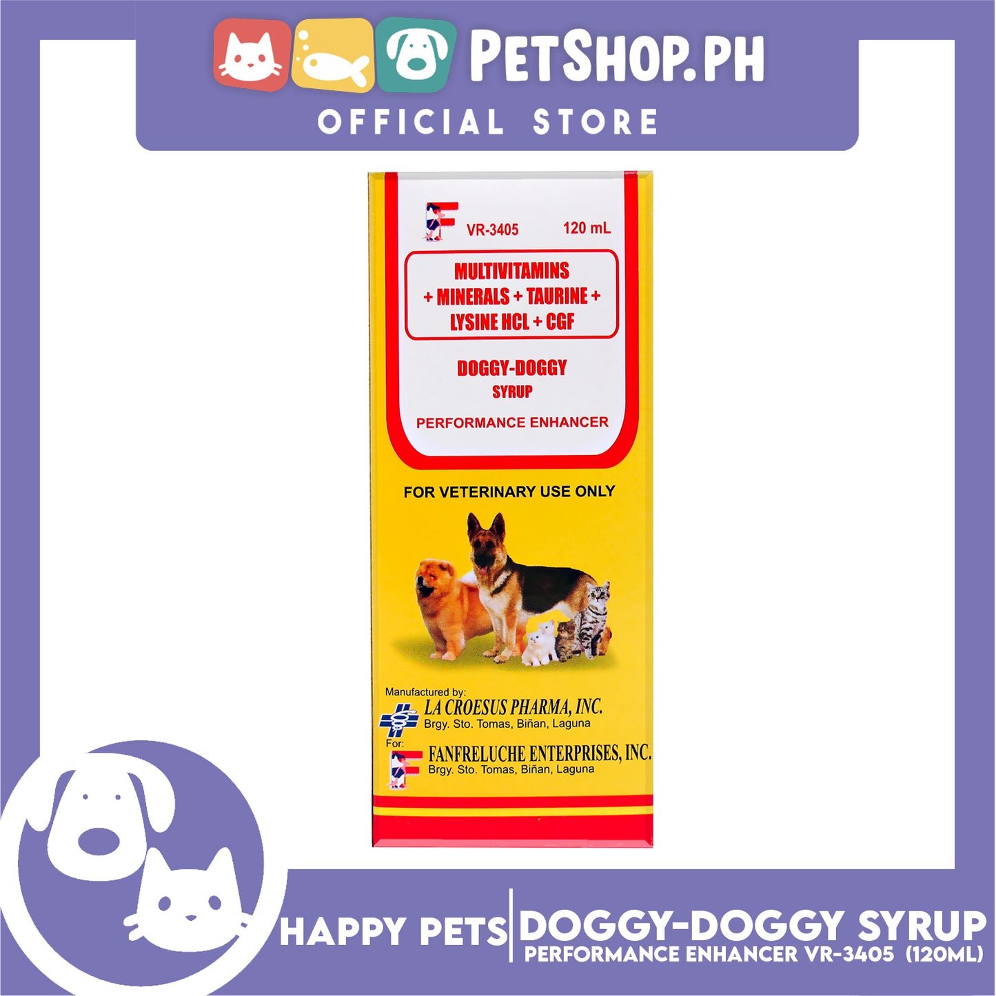 Happy Pets Doggy Doggy Syrup, Multivitamins + Minerals + Taurine + Lysine HCL + CGF 120ml Enhancer for Cats and Dogs