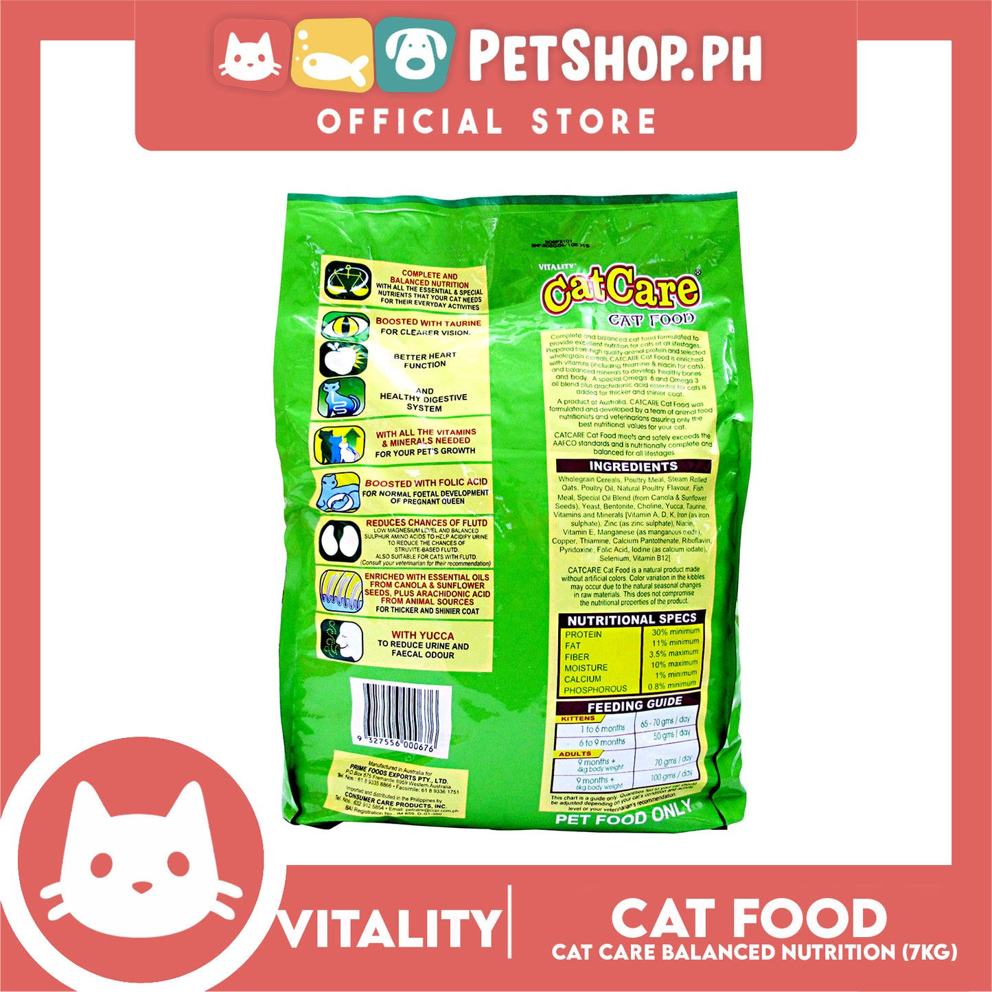 Vitality Cat Care Cat Food 7kg High Quality Animal Protein, Complete And Balanced Nutrition For All Lifestages Cat Food, Cat Dry Food