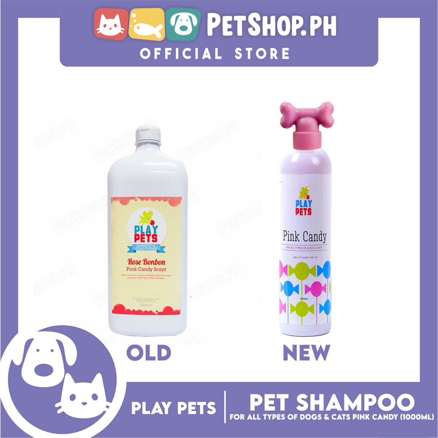 Play Pets Shampoo and Conditioner 1000ml (Pink Candy Scent) For All Types Of Dogs And Cats