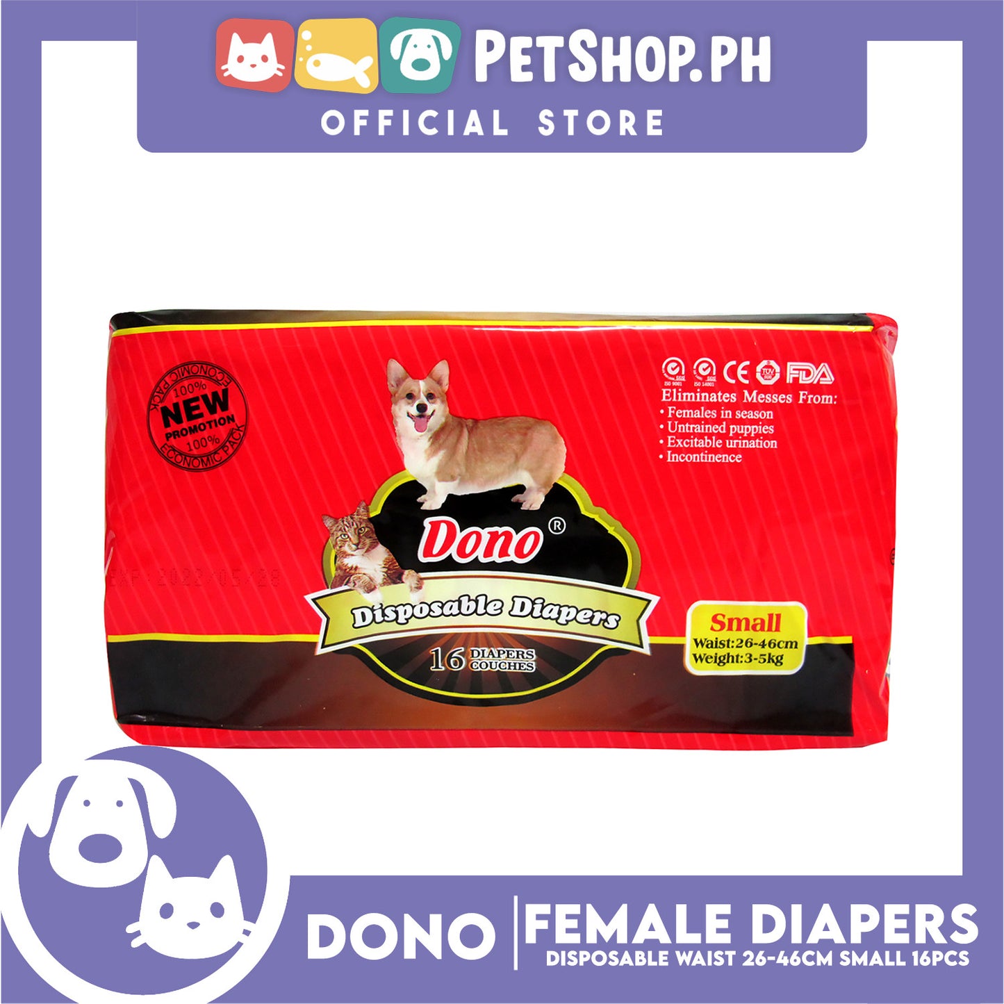 Dono Disposable Diapers Super Absorbent Small 16 pcs For Female Dogs