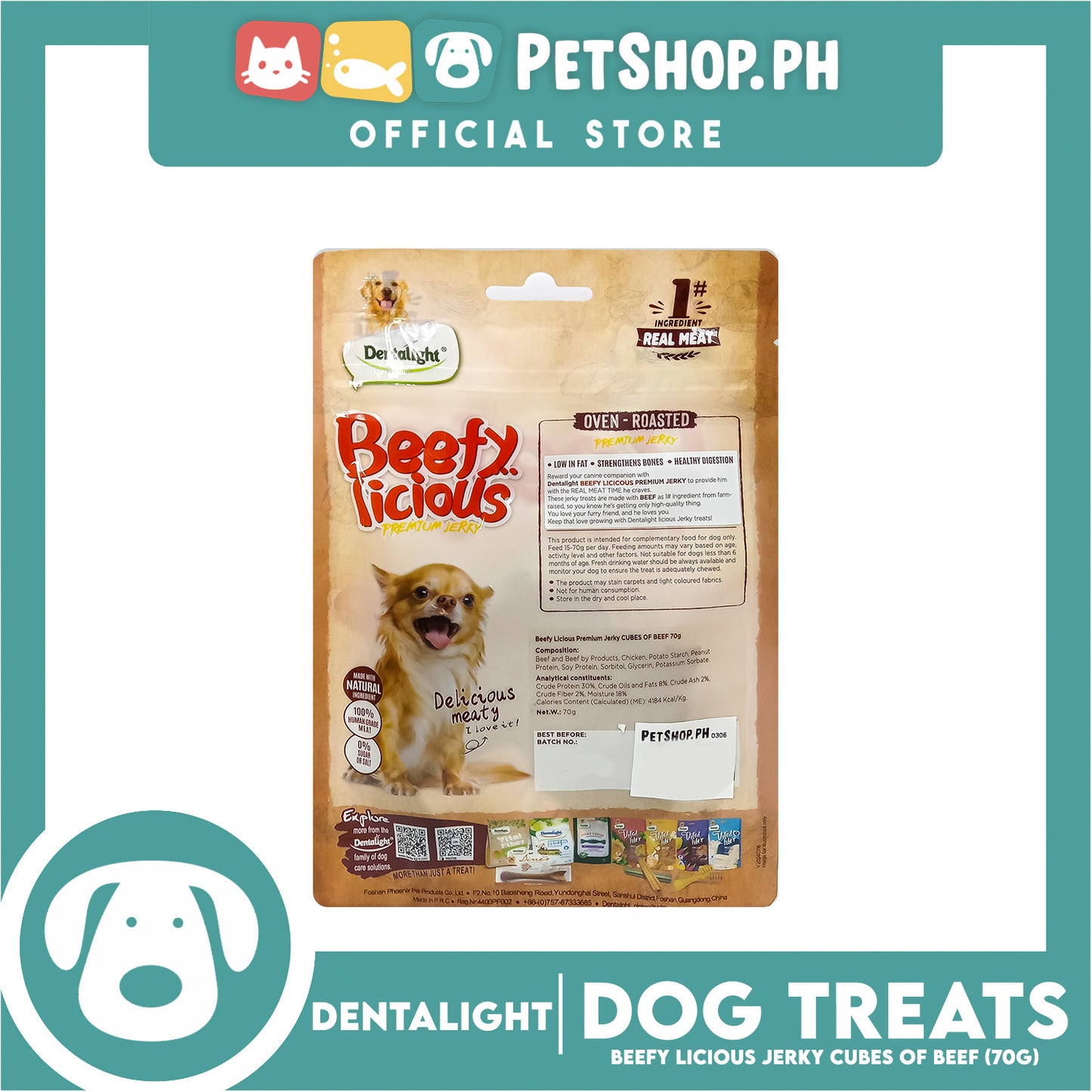 Dentalight Beefy Licious Premium Jerky (Cubes of Beef) Oven-roasted 70grams
