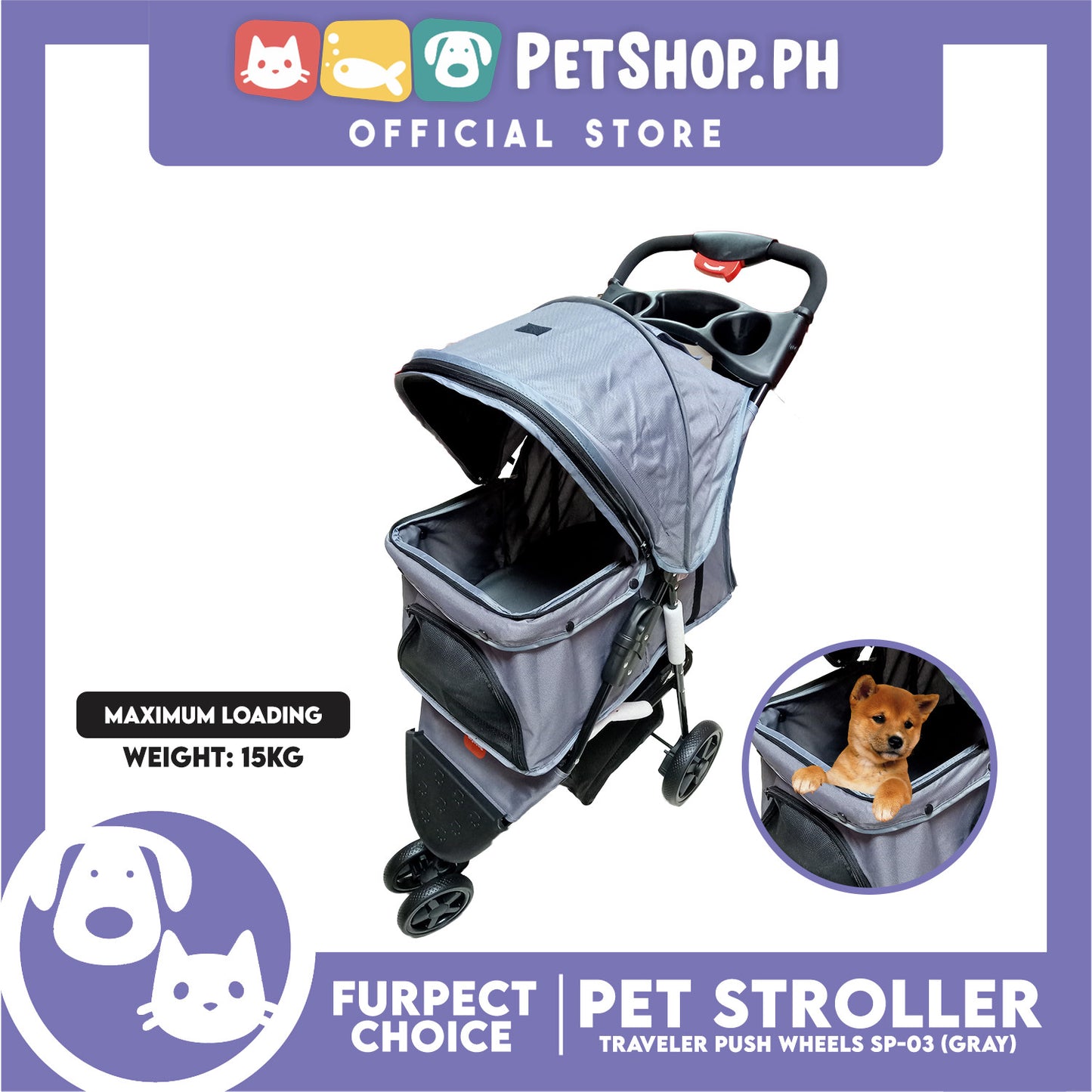 Furfect Choice Foldable 3-Wheeled Travel Stroller For Dog And Cat Accessories SP-03 (Gray)