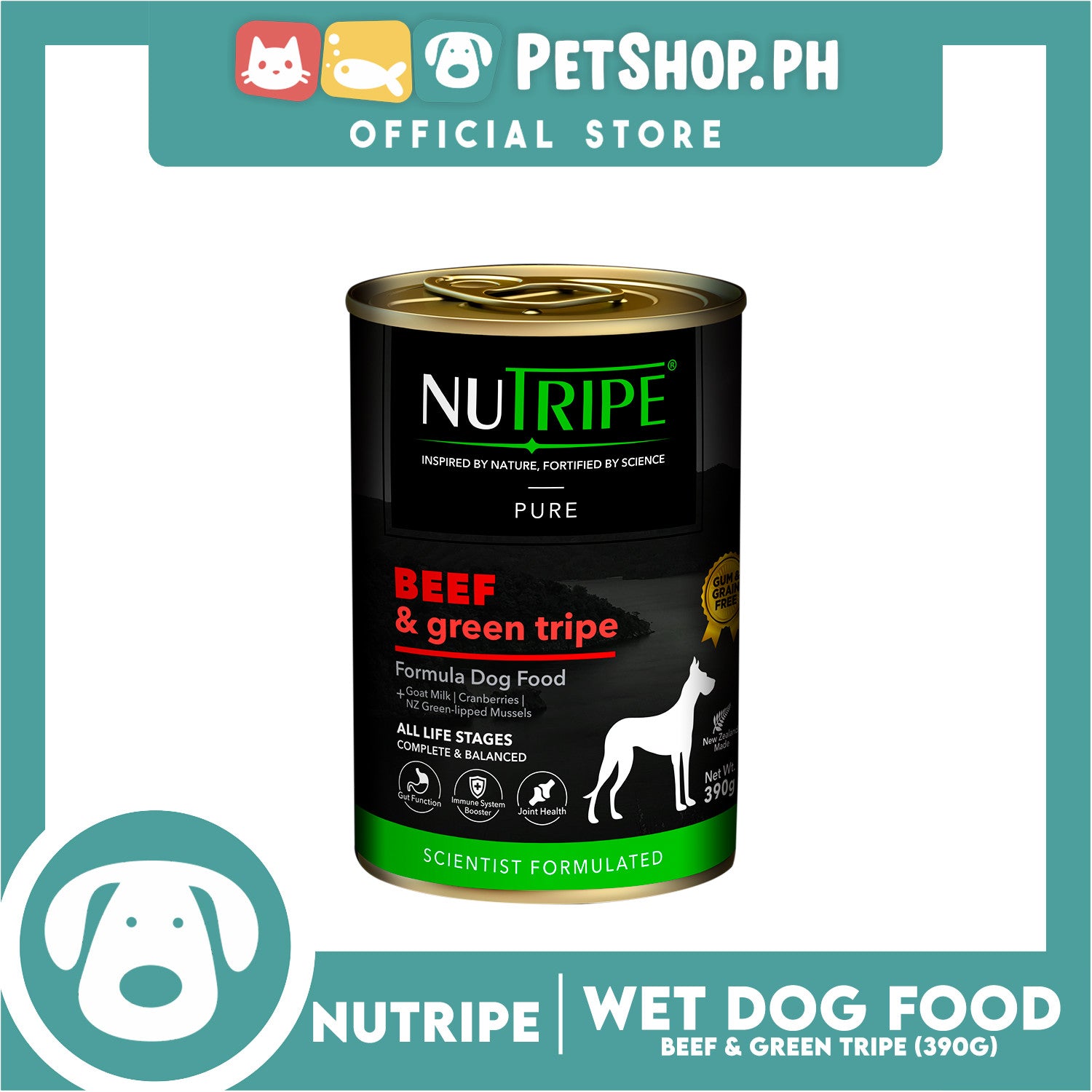 Nutripe Naturally Nourishing Nutrition Pure Beef And Green Tripe Formula Dog Food Grain Free 390g Canned Food For Dog Adult Dog Wet Food