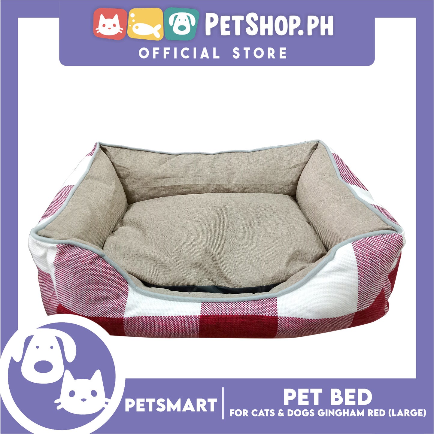 Pet Bed Cat Dog Bed Washable Gingham Red (Large) with removable cushion