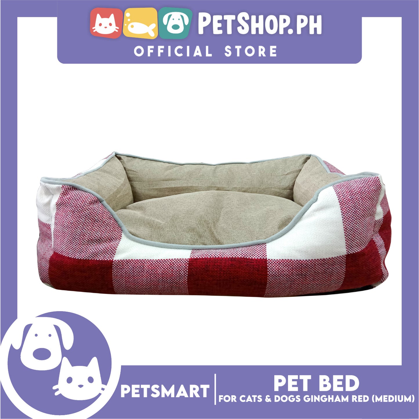 Pet Bed Cat Dog Bed Washable Gingham Red (Medium) with removable cushion