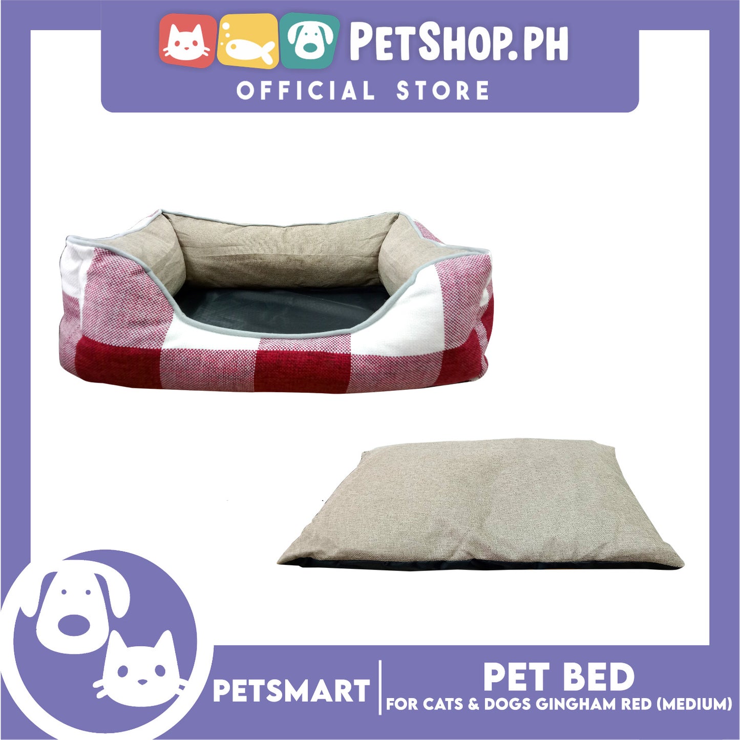 Pet Bed Cat Dog Bed Washable Gingham Red (Medium) with removable cushion