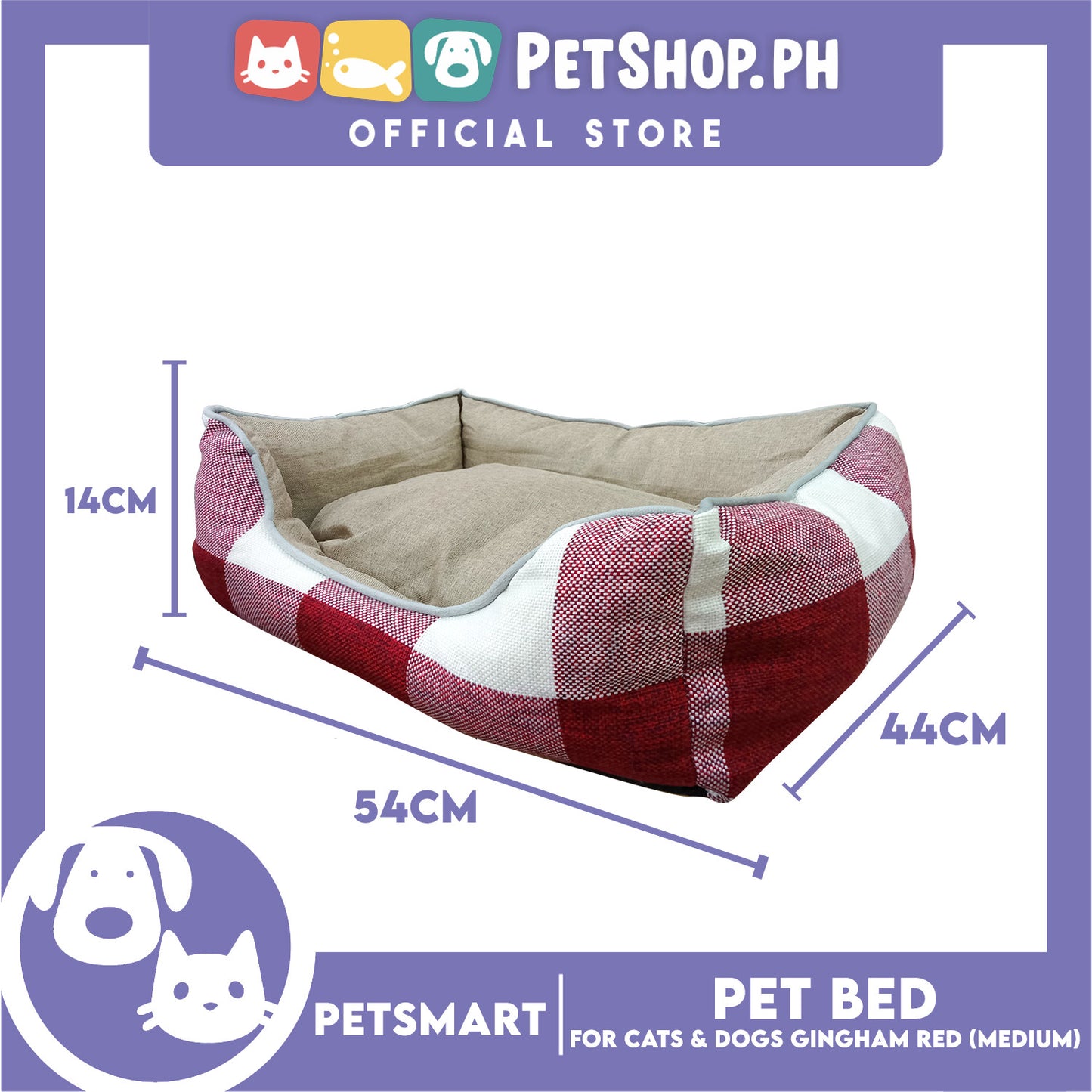 Pet Bed Cat Dog Bed Washable Gingham Red (Medium) with removable cushion