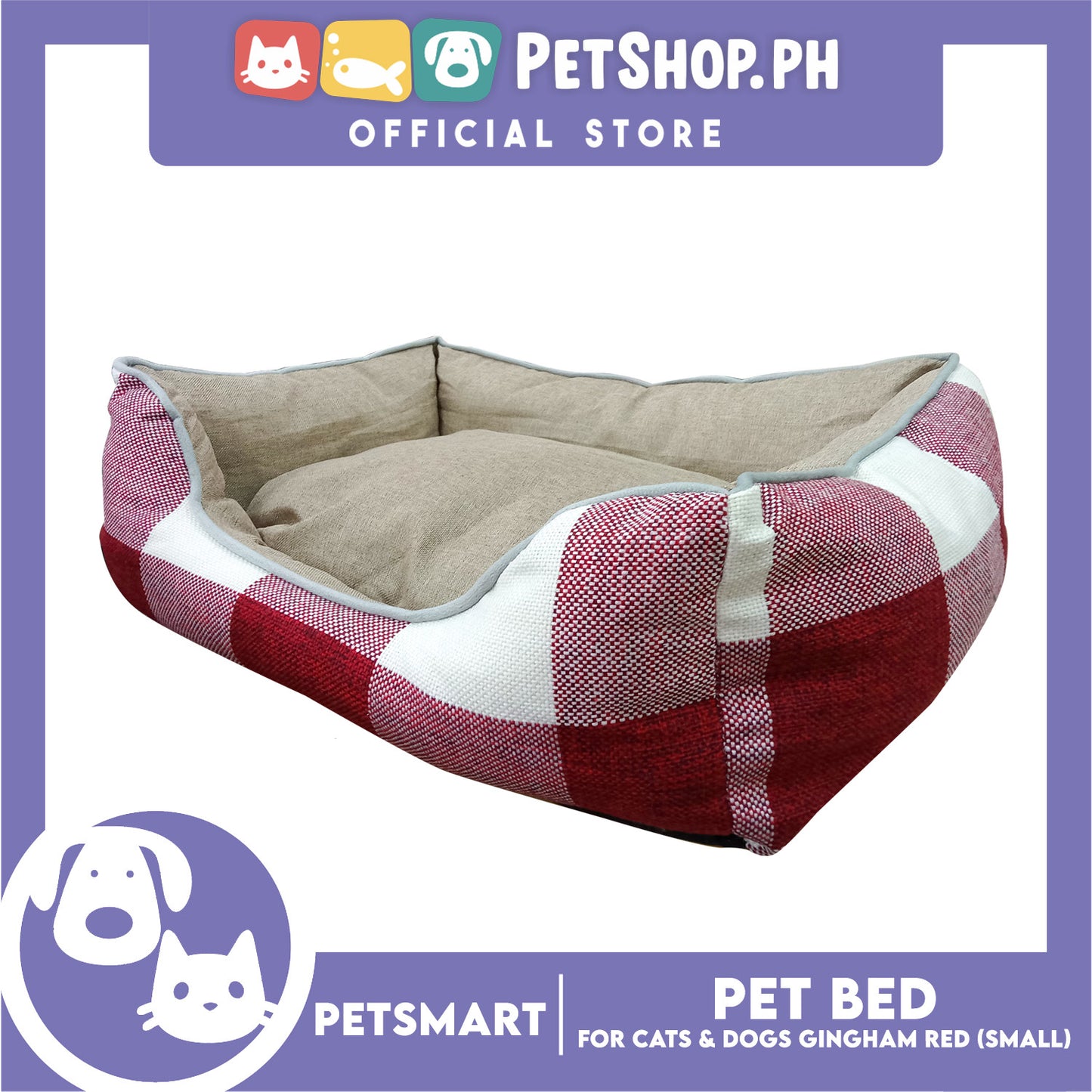 Pet Bed Cat Dog Bed Washable Gingham Red (Small) with removable cushion