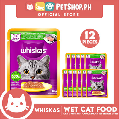12pcs Whiskas Tuna and White Fish Pouch Cat Wet Food 80g