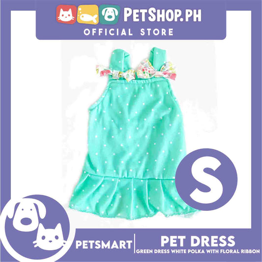 Pet Dress Clothes, Green White Polka With White Floral Ribbon (small)