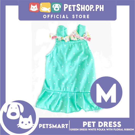 Pet Dress Clothes, Green White Polka With White Floral Ribbon (medium)