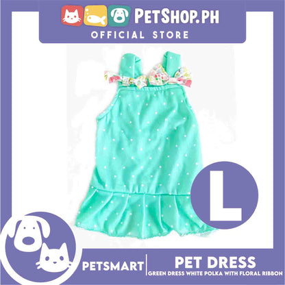 Pet Dress Clothes, Green White Polka With White Floral Ribbon  (Large)