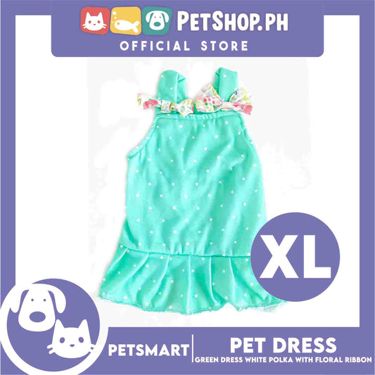 Pet Dress Clothes, Green White Polka With White Floral Ribbon (XL)