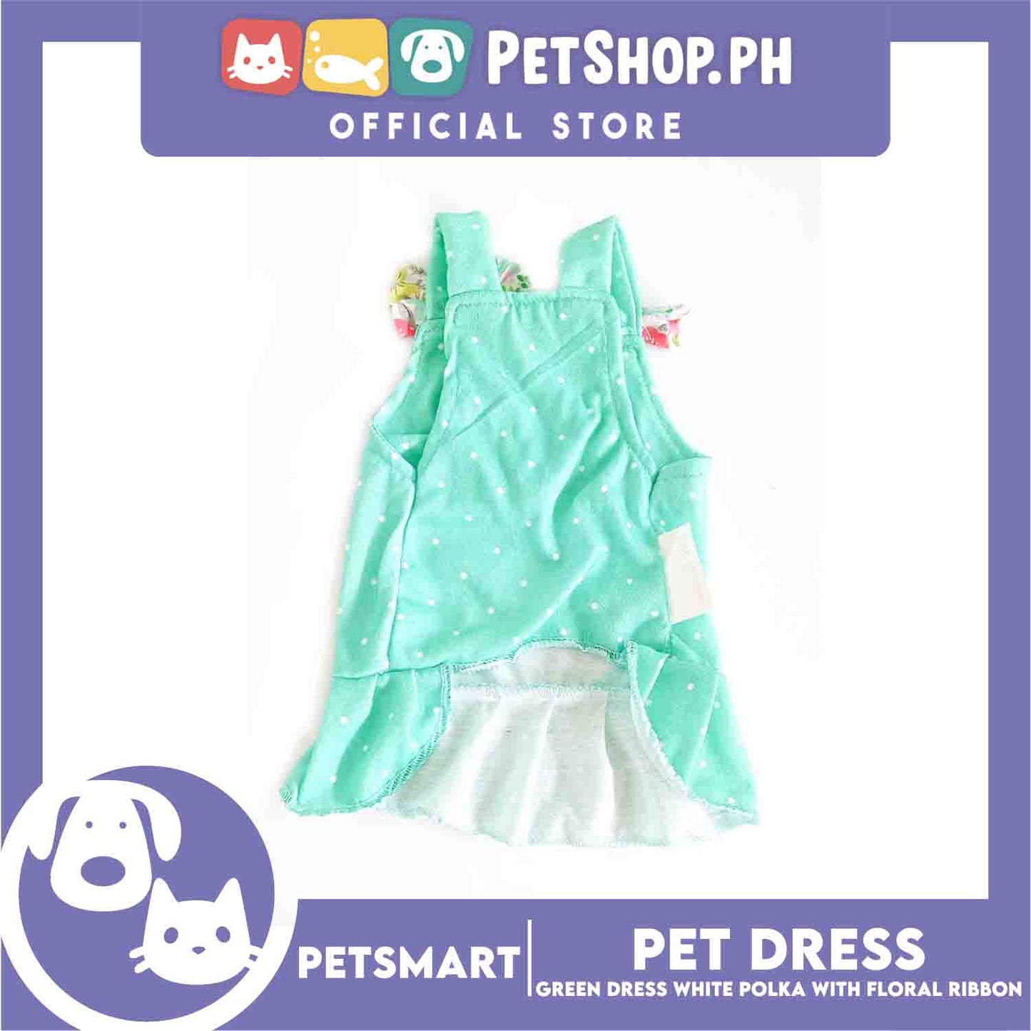 Pet Dress Clothes, Green White Polka With White Floral Ribbon  (Large)