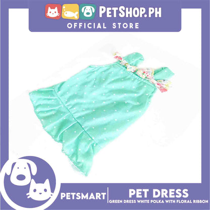 Pet Dress Clothes, Green White Polka With White Floral Ribbon  (Large)