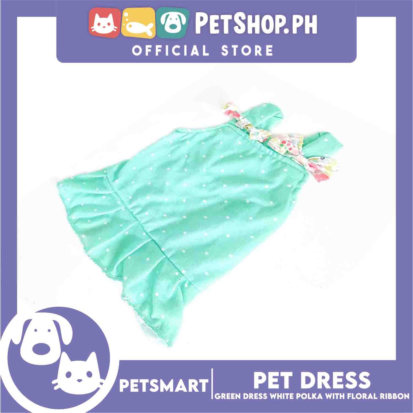 Pet Dress Clothes, Green White Polka With White Floral Ribbon (small)