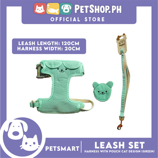 Pet Harness and Leash with Pouch For Small Dogs or Cats (Green) Adjustable Size Cat Print Design