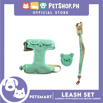 Pet Harness and Leash with Pouch For Small Dogs or Cats (Green) Adjustable Size Cat Print Design