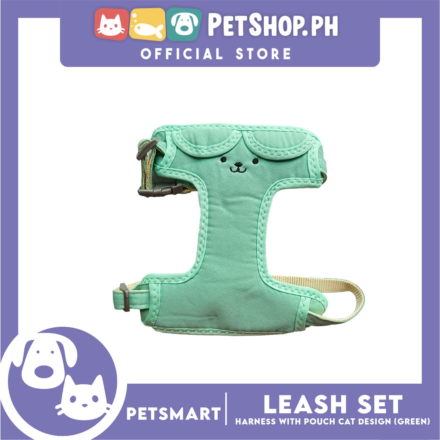 Pet Harness and Leash with Pouch For Small Dogs or Cats (Green) Adjustable Size Cat Print Design