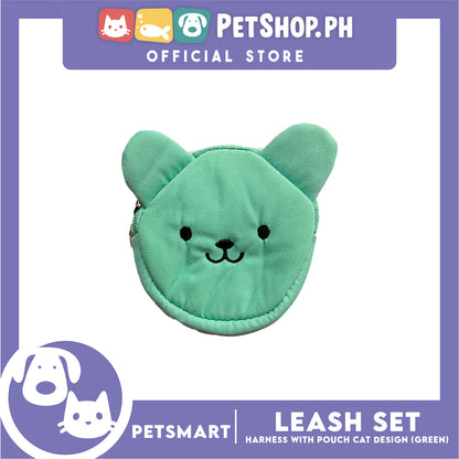 Pet Harness and Leash with Pouch For Small Dogs or Cats (Green) Adjustable Size Cat Print Design