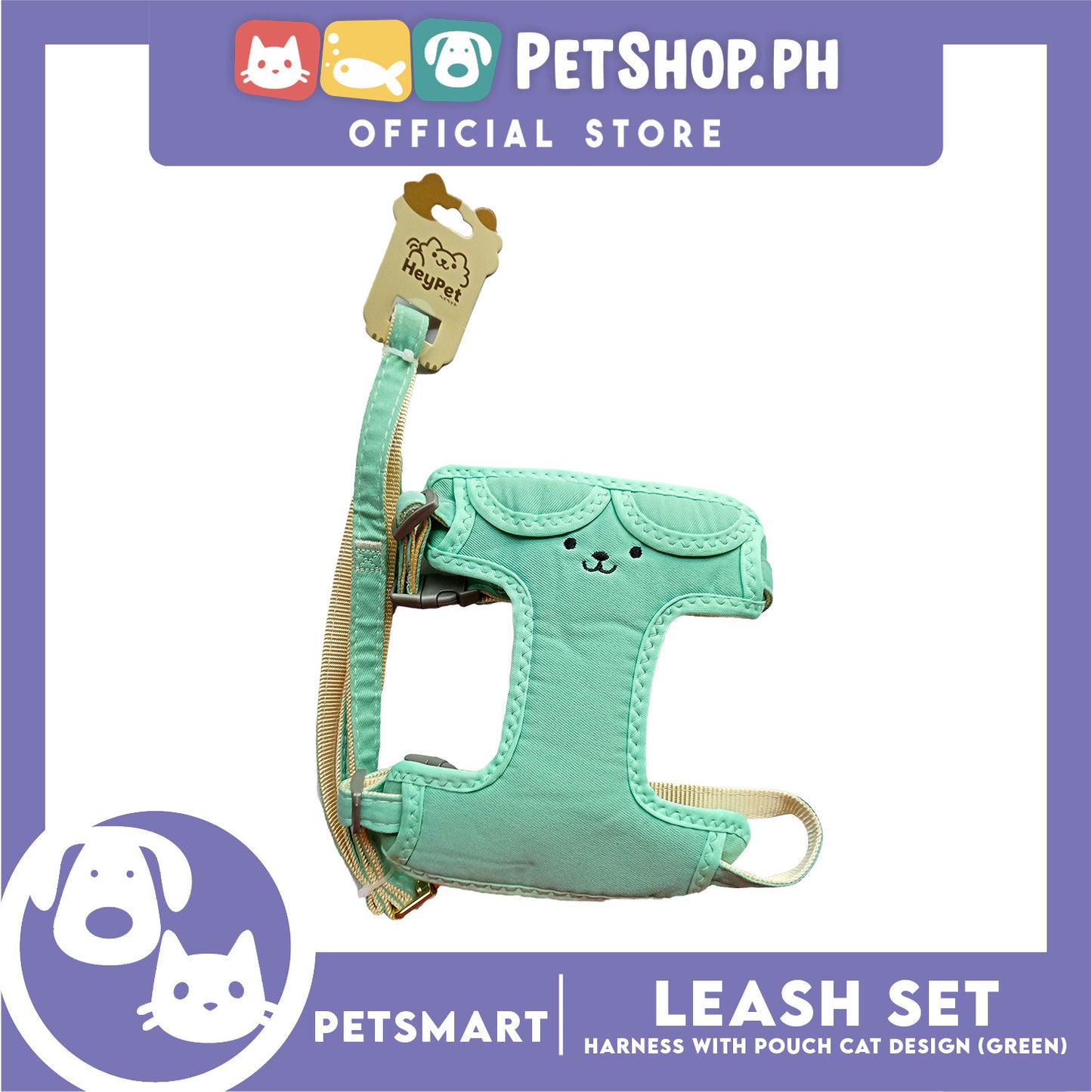 Pet Harness and Leash with Pouch For Small Dogs or Cats (Green) Adjustable Size Cat Print Design