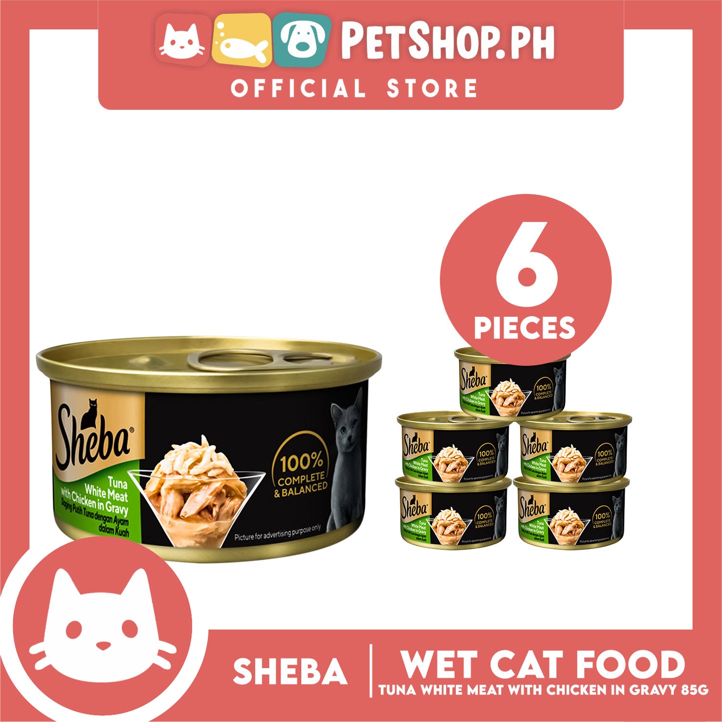 6pcs Sheba Succulent Tuna and Snapper in Gravy 85g Grain-Free Cat Wet Food