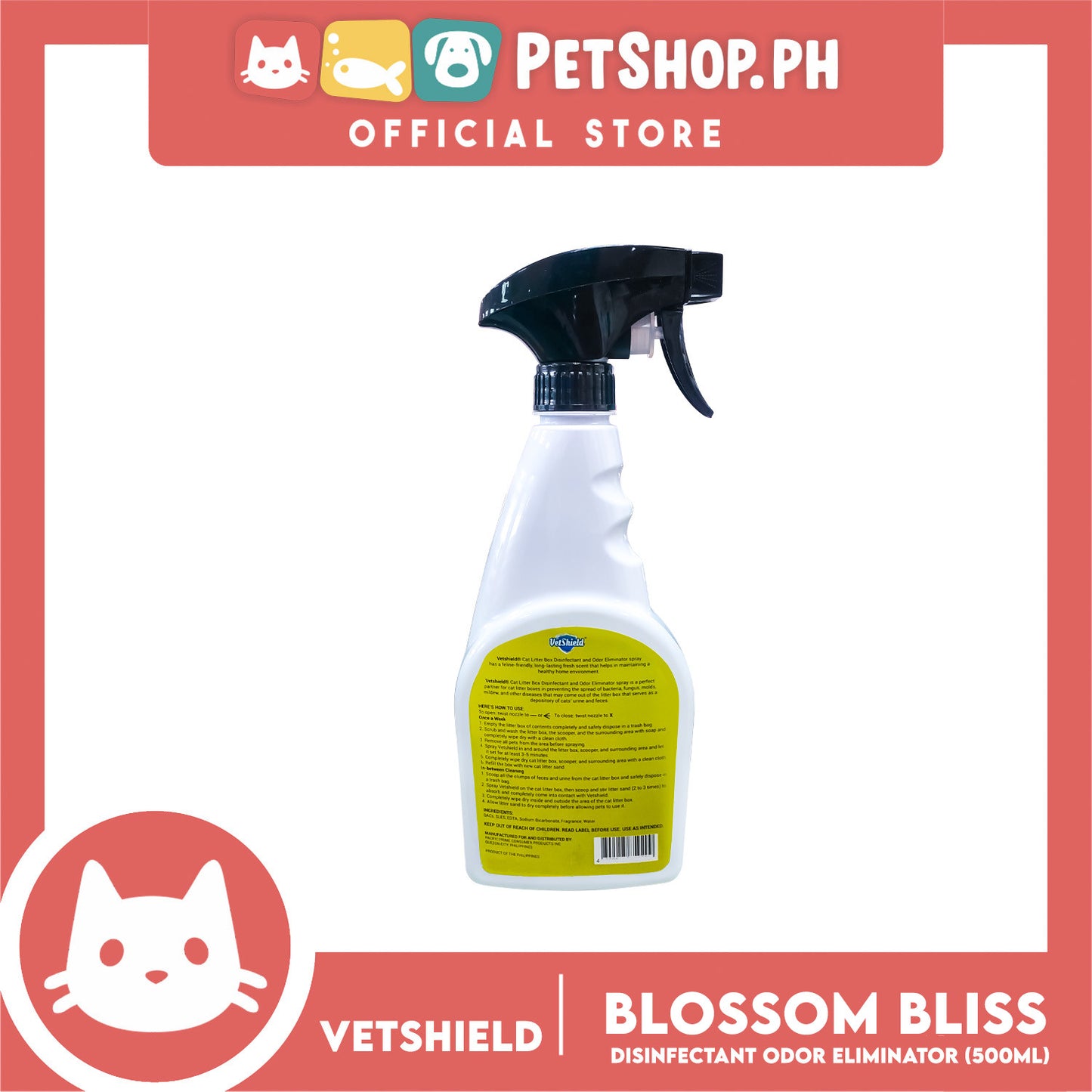 Vetshield Cat Litter Box Disinfectant Odor Eliminator Blossom Bliss 500ml