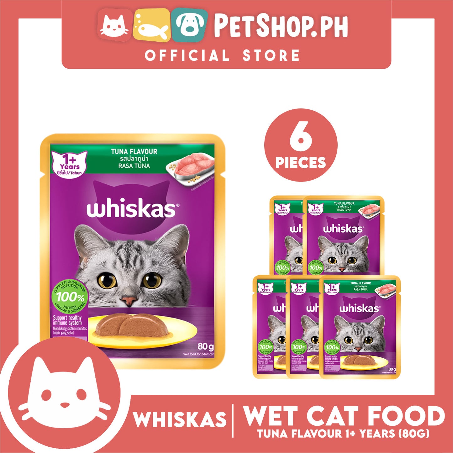 6pcs Whiskas Tuna Pouch Wet Cat Food 80g Tuna Flavour