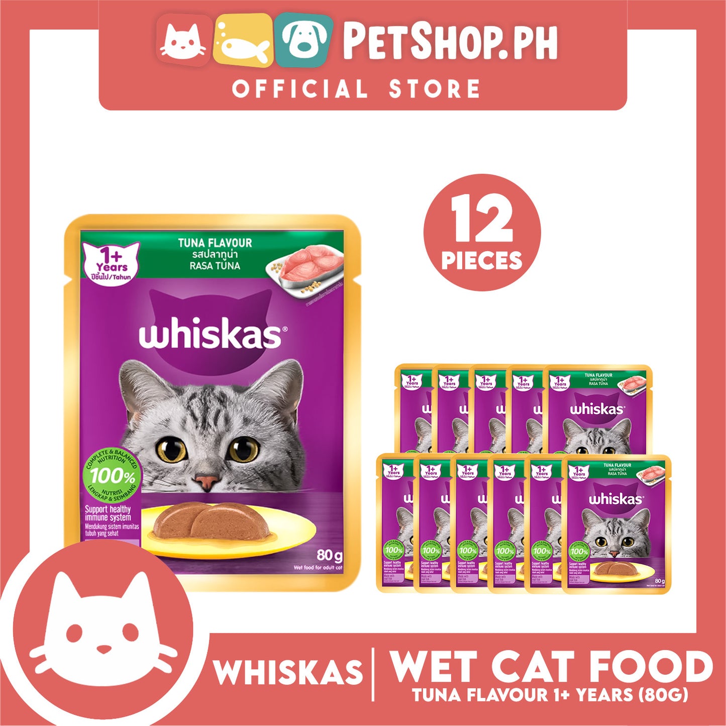 12pcs Whiskas Tuna Pouch Wet Cat Food 80g Tuna Flavour