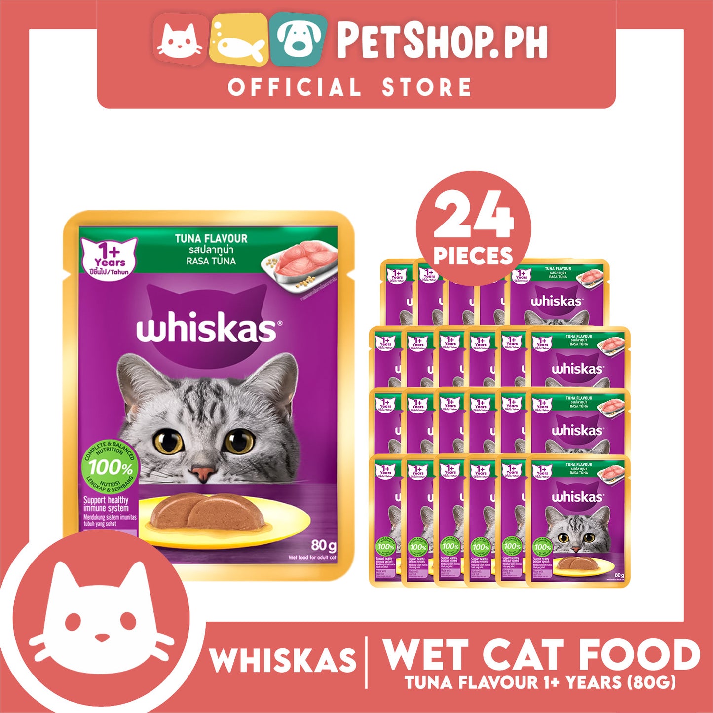 24pcs Whiskas Tuna Pouch Wet Cat Food 80g Tuna Flavour