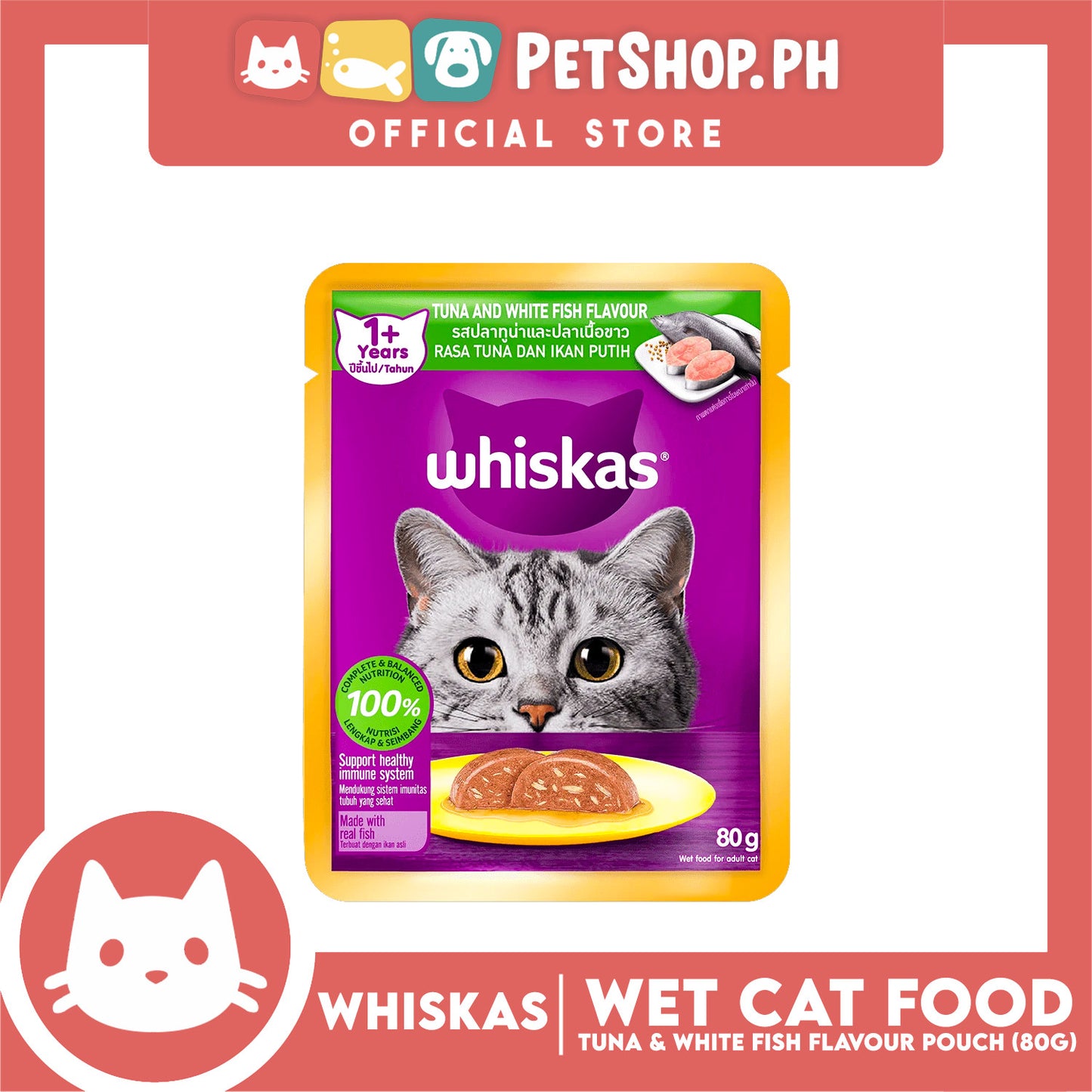 12pcs Whiskas Tuna and White Fish Pouch Cat Wet Food 80g