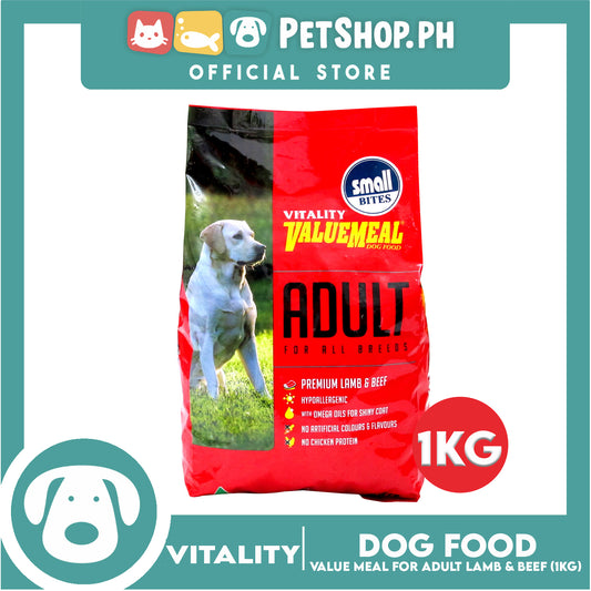 Vitality Valuemeal Adult (Small Bites) for All Breed, Premium Lamb And Beef Flavor Dry Dog Food 1kgs