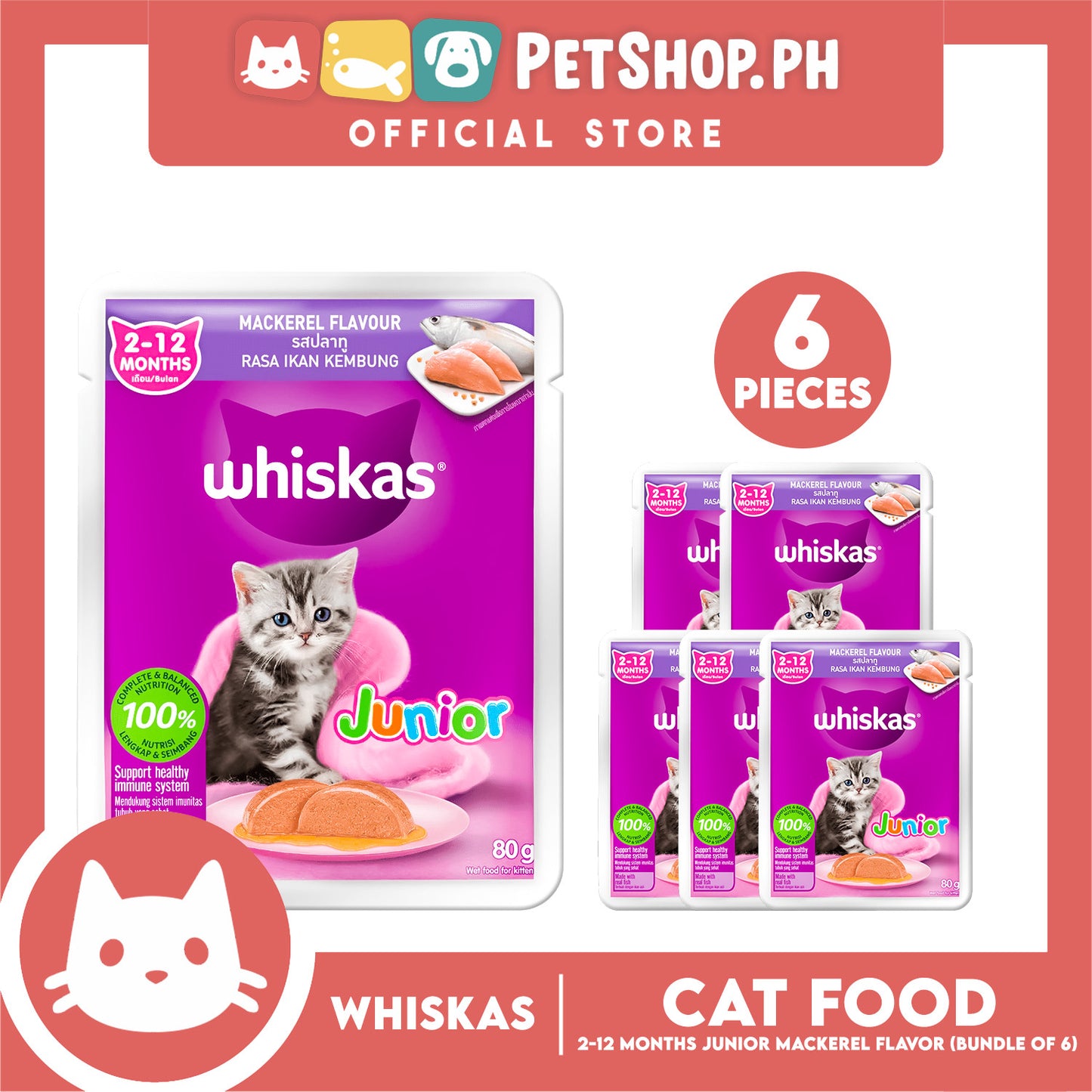 6pcs Whiskas Junior Mackerel Pouch Wet Cat Food 80g