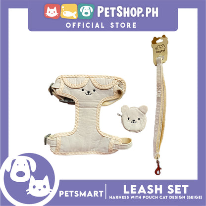 Pet Harness and Leash with Pouch For Small Dogs or Cats (Beige) Adjustable Size Cat Print Design