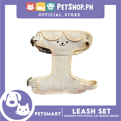 Pet Harness and Leash with Pouch For Small Dogs or Cats (Beige) Adjustable Size Cat Print Design