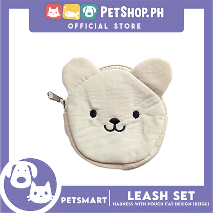 Pet Harness and Leash with Pouch For Small Dogs or Cats (Beige) Adjustable Size Cat Print Design