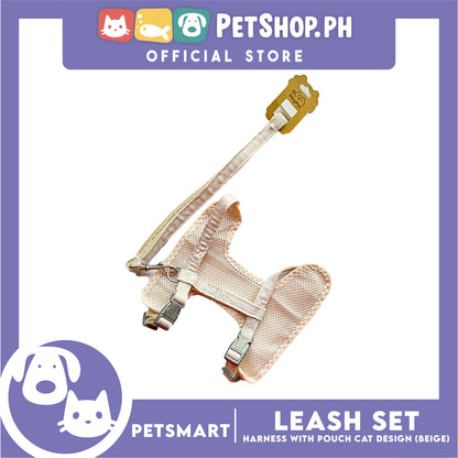 Pet Harness and Leash with Pouch For Small Dogs or Cats (Beige) Adjustable Size Cat Print Design