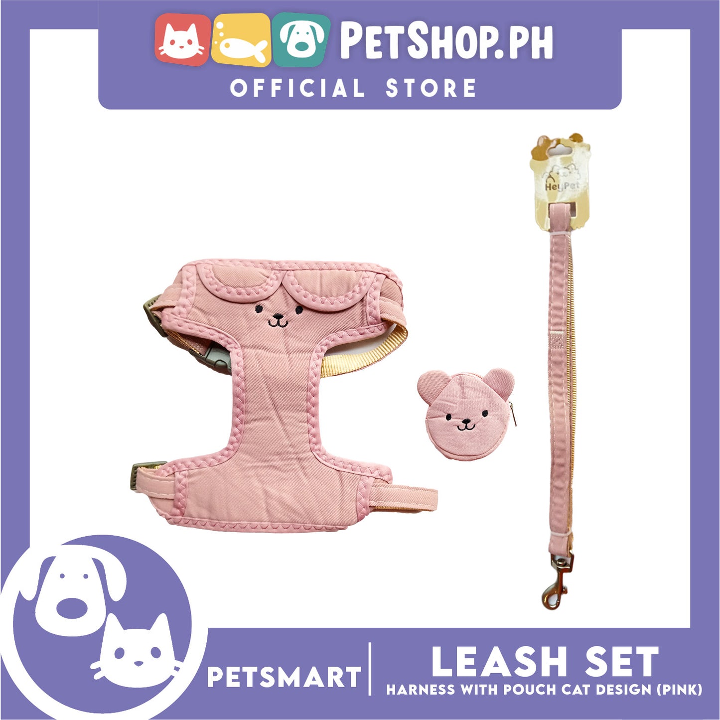 Pet Harness and Leash with Pouch For Small Dogs or Cats (Pink) Adjustable Size Cat Print Design