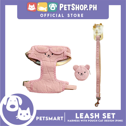 Pet Harness and Leash with Pouch For Small Dogs or Cats (Pink) Adjustable Size Cat Print Design