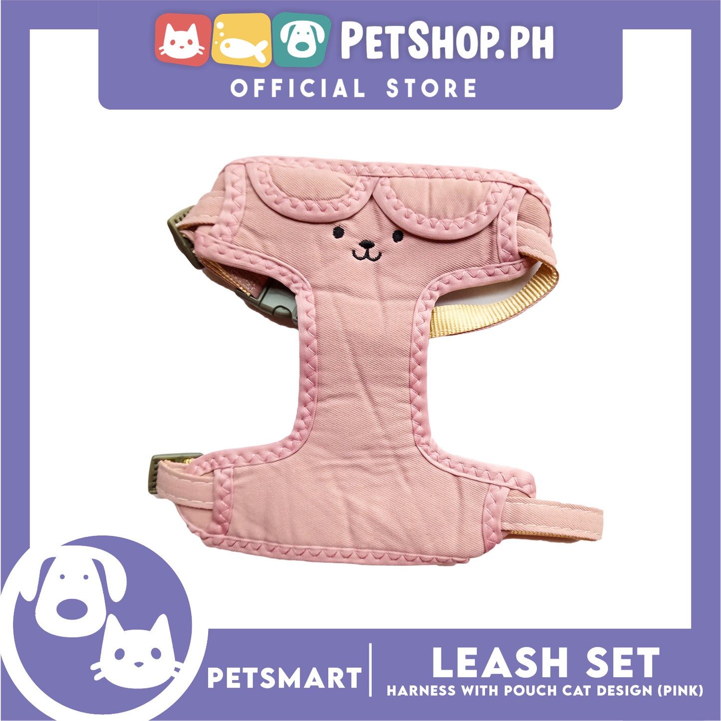 Pet Harness and Leash with Pouch For Small Dogs or Cats (Pink) Adjustable Size Cat Print Design