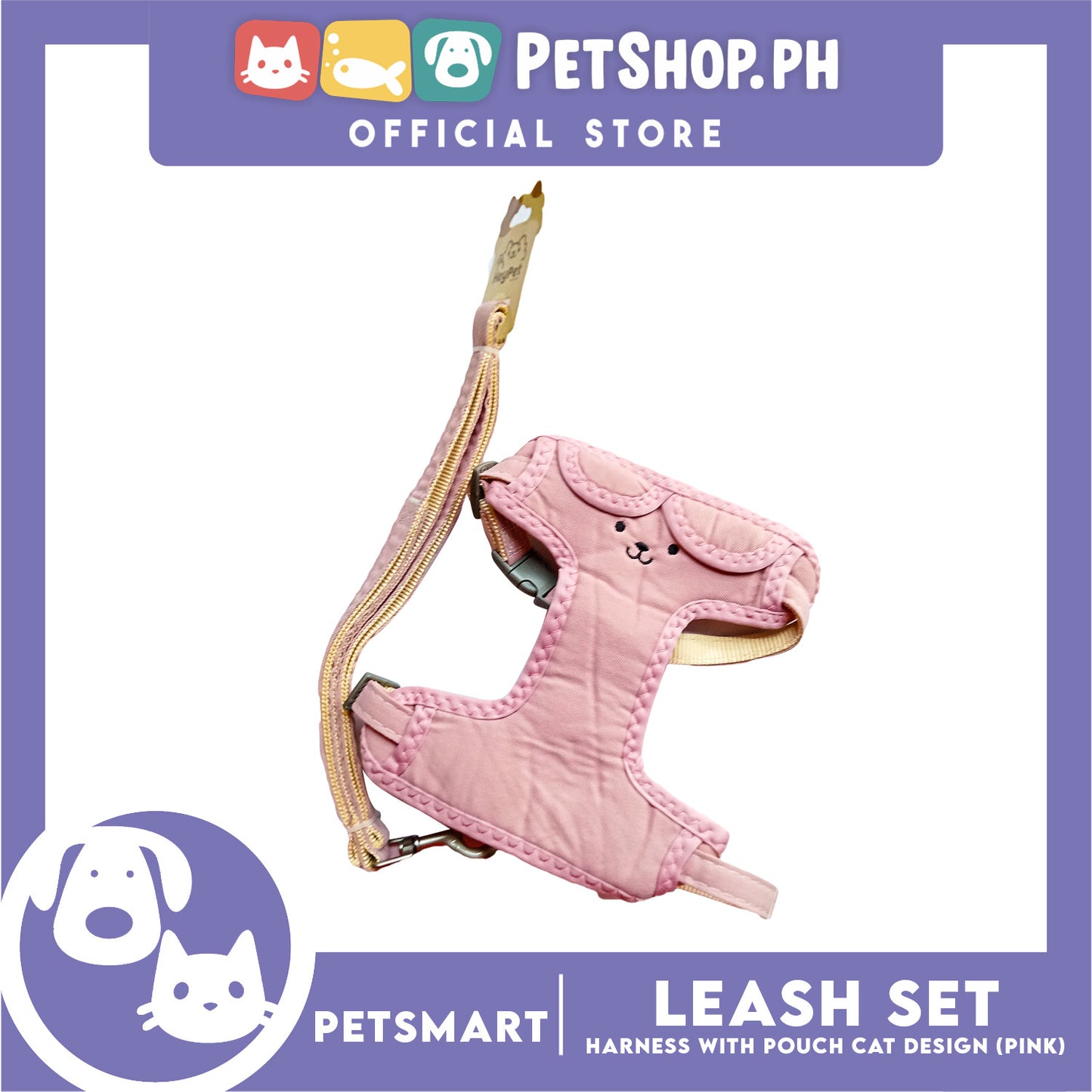 Pet Harness and Leash with Pouch For Small Dogs or Cats (Pink) Adjustable Size Cat Print Design