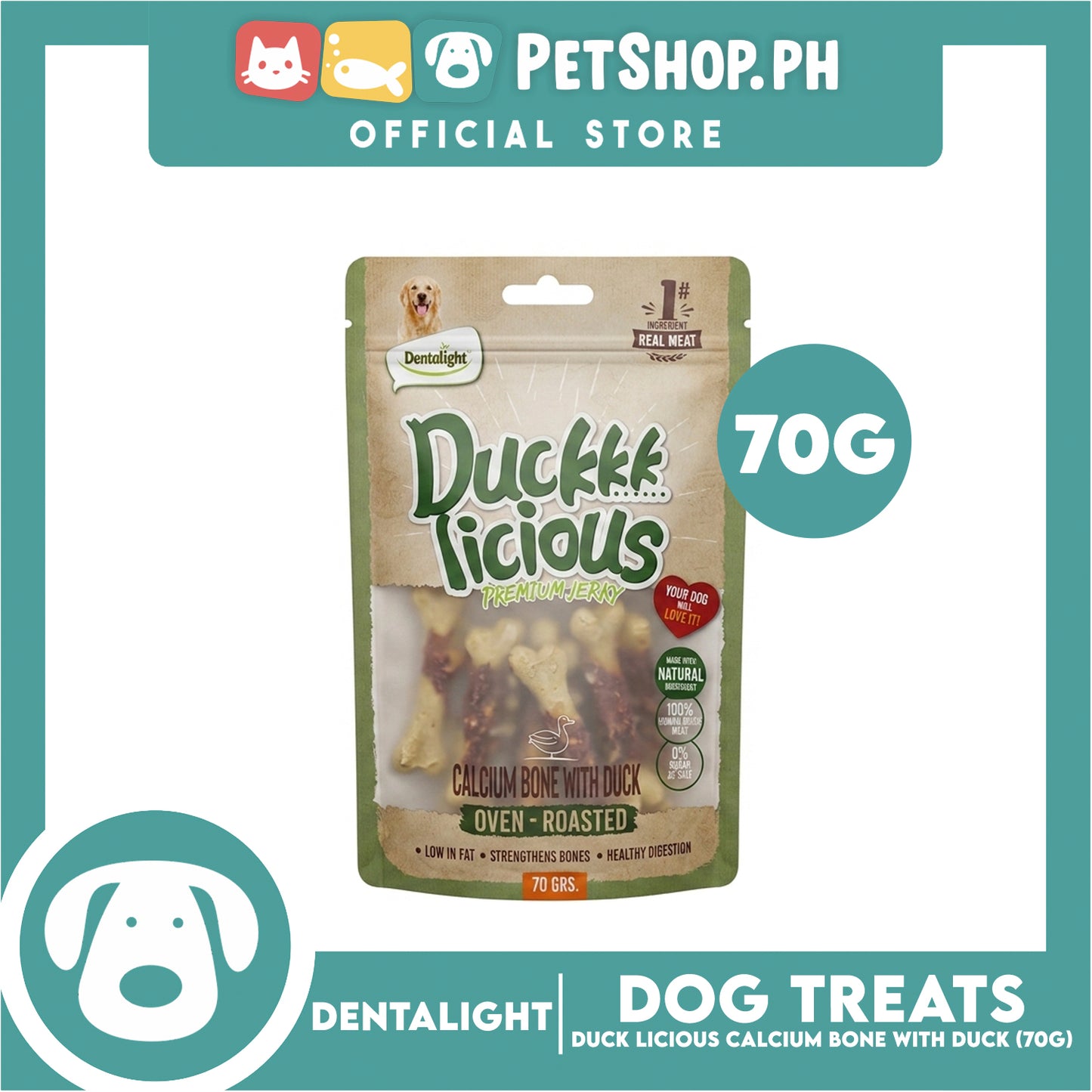 Dentalight Duck Licious Premium Jerky (Calcium Bone with Duck) Oven-roasted 70grams